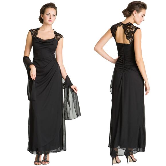XSCAPE Black Open Back Ruched Draped Evening Gown Size 12 Mesh Lace Maxi Dress - Picture 1 of 11